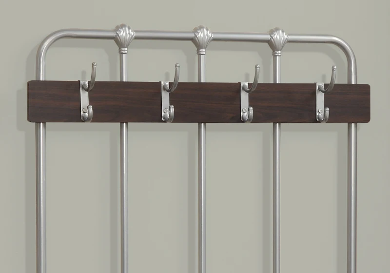 Monarch 60" Contemporary Padded Seat Hall Entry Shoe Bench with Coat Storage Hooks - Charcoal Grey Metal / Cappuccino Brown Finish