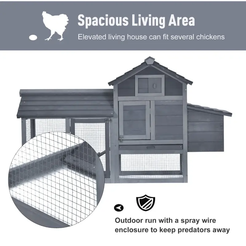 PawHut 59" Solid Wood Enclosed Outdoor Backyard Chicken Coop Kit with Nesting Box - Grey