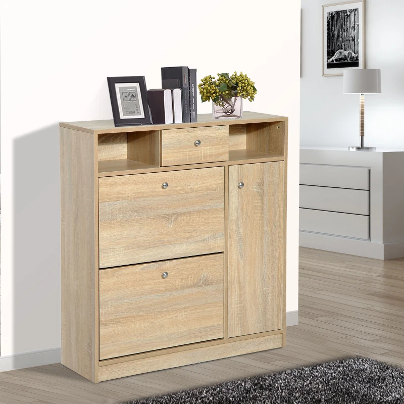 HomCom Wooden Multi Cabinet Flip Down Shoe Shelf Drawer Organizer - White Oak