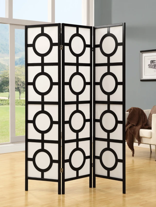Monarch 3-Panel Circle Design Folding Privacy Screen Room Divider - Black Wood Frame