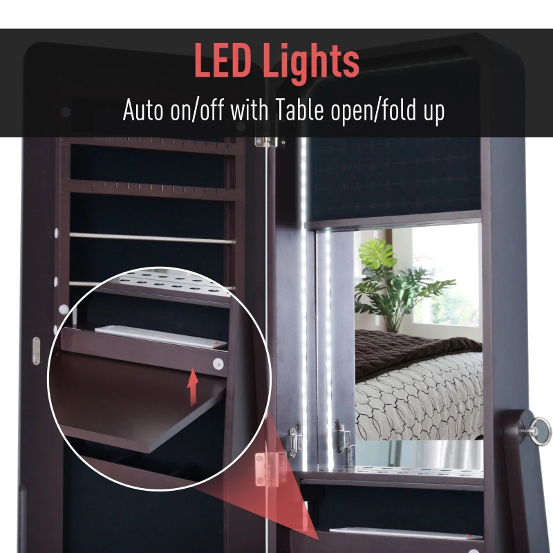HOMCOM 58” Freestanding LED Jewelry Storage Cabinet Armoire with Full-Length Mirror Dark Coffee