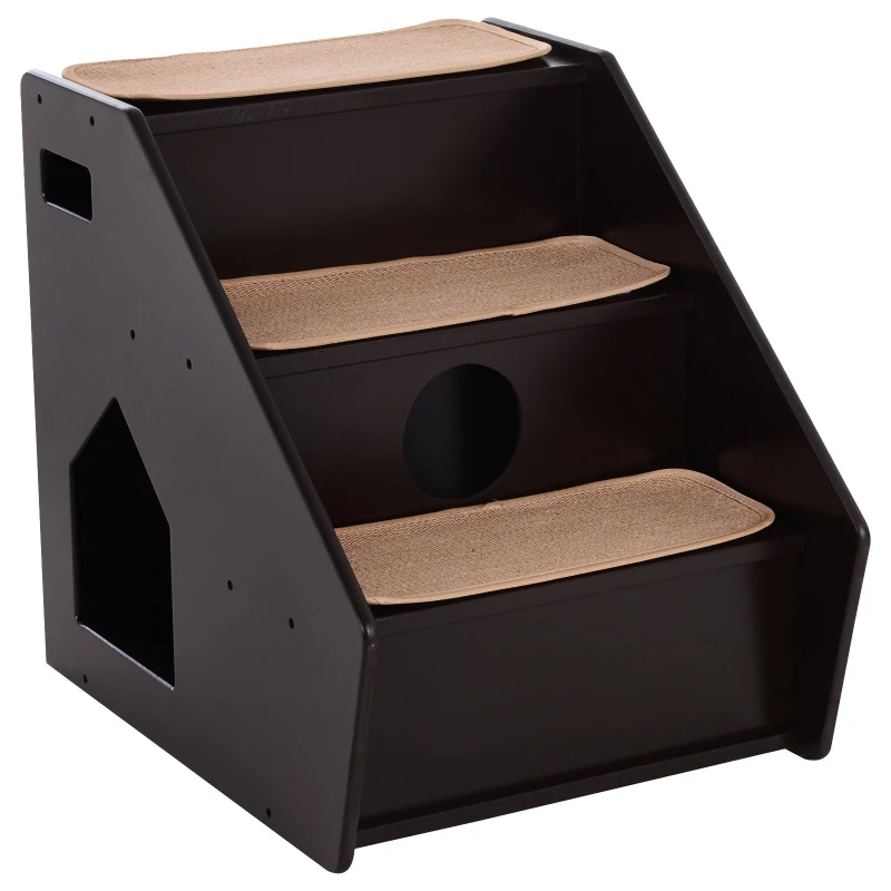 PawHut 3-Step Pet Stairs for Dogs and Cats with Built-in House and Nonslip Carpet, Brown