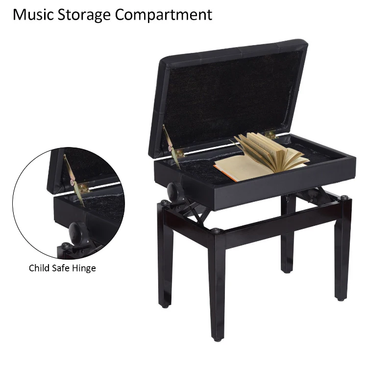 HomCom Traditional Faux Leather Height Adjustable Single Person Storage Piano Bench - Black