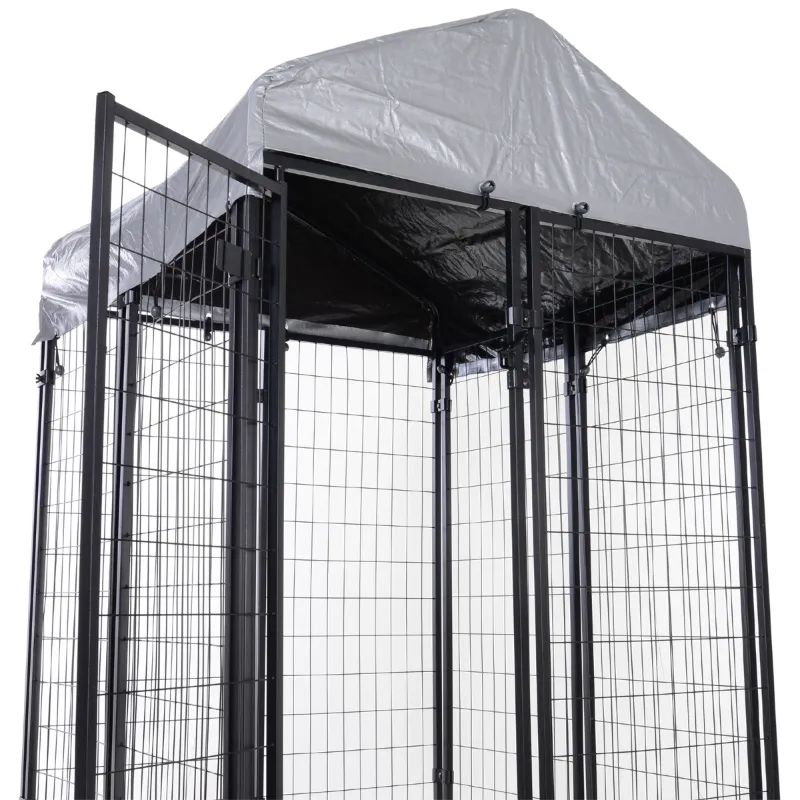 PawHut Outdoor Dog Kennel Run House Crate Cage Enclosure Anti-Sun Roof Patio Pet Shelter - Gray and Black