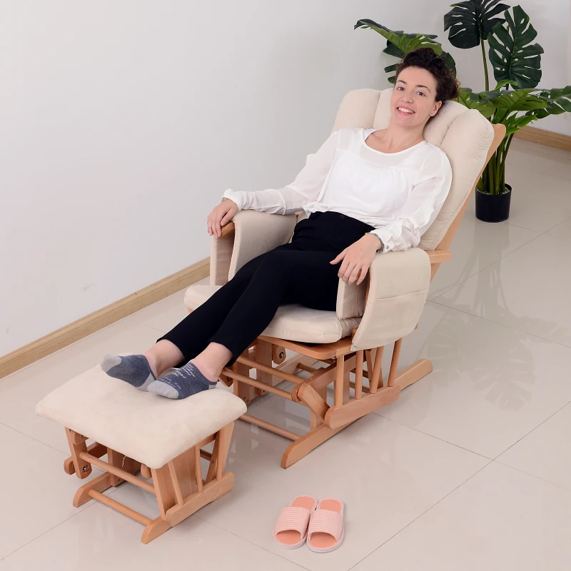 HomCom 2 Piece Ultra-Plush Reclining Rocking Chair with Gliding Ottoman Set - White / Natural Wood