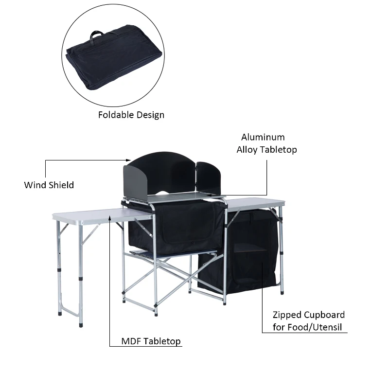 Outsunny 6' Aluminum Portable Fold-Up Camping Kitchen with Windscreen and 3 Enclosed Cupboards