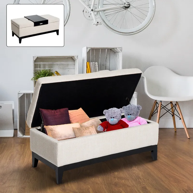 HOMCOM 42" Rectangular Storage Ottoman Bench, Linen Fabric Coffee Table Ottoman with Removable Tray for Living Room, Entryway, or Bedroom, Cream White