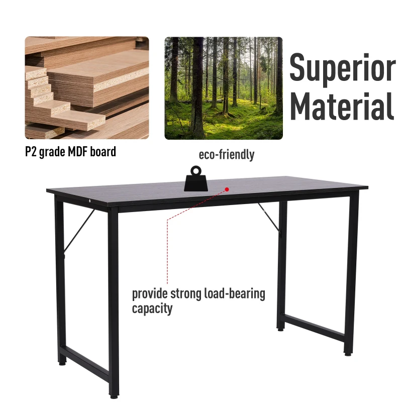 HOMCOM Heavy Duty Office Writing Desk Computer Table w/ Adjustable Feet Wood Grain Black