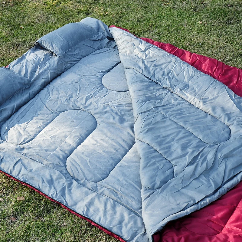 Outsunny 86" x 59" Camping Two-Person Double Wide Sleeping Bag With Pillows - Red / Gray