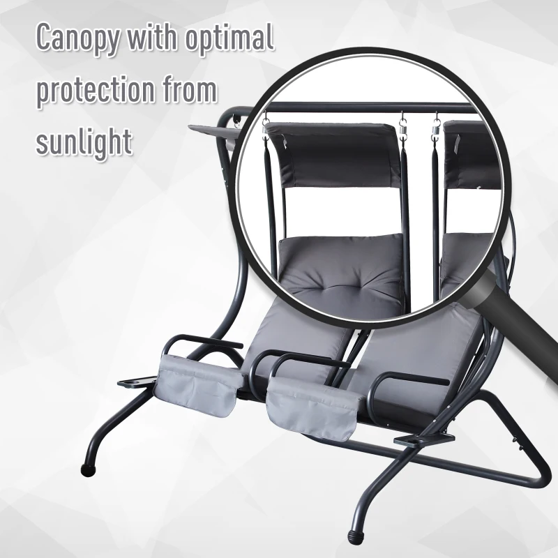 Outsunny Modern Outdoor Relax Deck/Patio Swing Chairs with 2 Separate Seats and Removable Shade Canopy -  Grey and Black