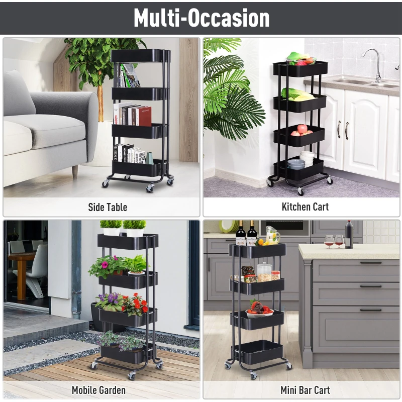 HOMCOM 4-Tier Rolling Metal Kitchen Utility Cart Trolley with Storage - Black