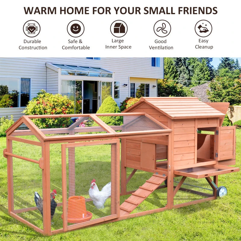 PawHut Large Chicken Coop Pet Farm House Poultry Backyard Run Nest Box W/Wheels - Wood