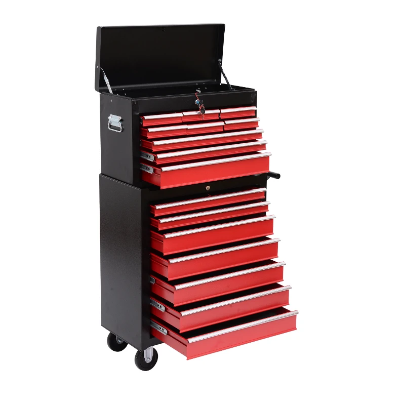 HomCom Garage Rolling Tool Chest Cabinet with 16 Drawers - Black and Red