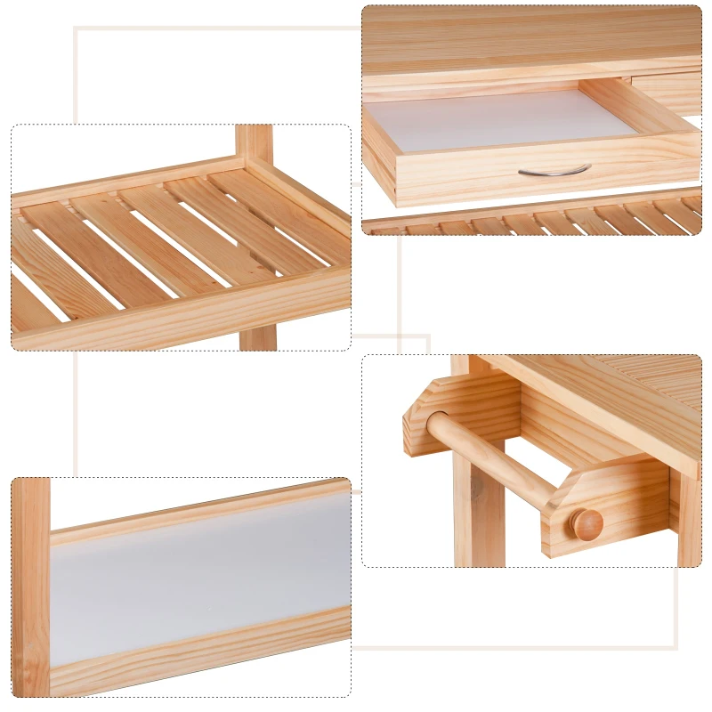 HomCom Kitchen Rolling Island Cart Trolley Cart Storage Rack Shelves w/ 2 Drawers - Pine Wood