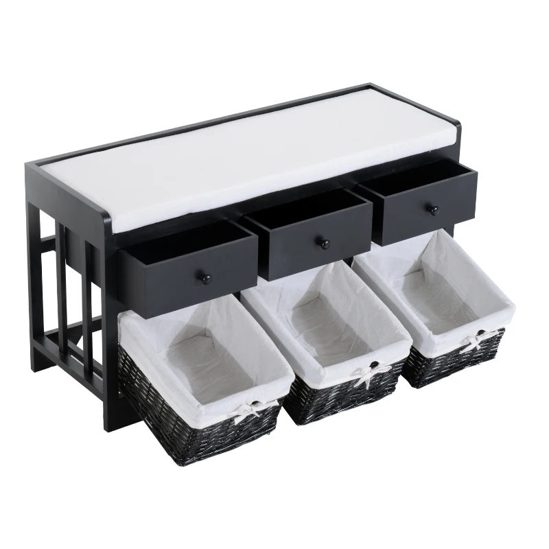 HomCom 39” Rustic Wooden 3 Drawer 3 Basket Storage Bench With Padded Seat  - Black/Beige