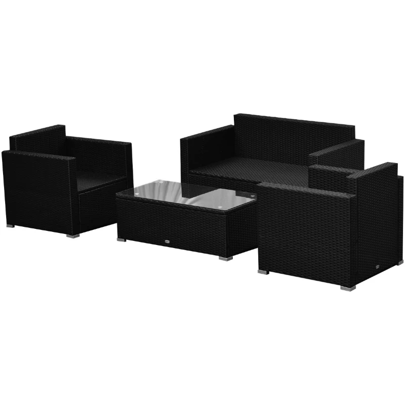 Outsunny 4-Piece Cushioned Patio Rattan Wicker Furniture Set with 2 Chairs, Sectional and Glass Coffee Table - Black