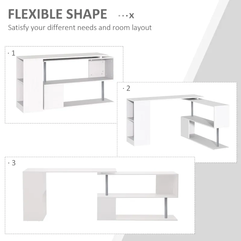 HOMCOM Rotating Corner Desk, L-Shaped to I-Shape, Home Office Table Shelf Combo, White