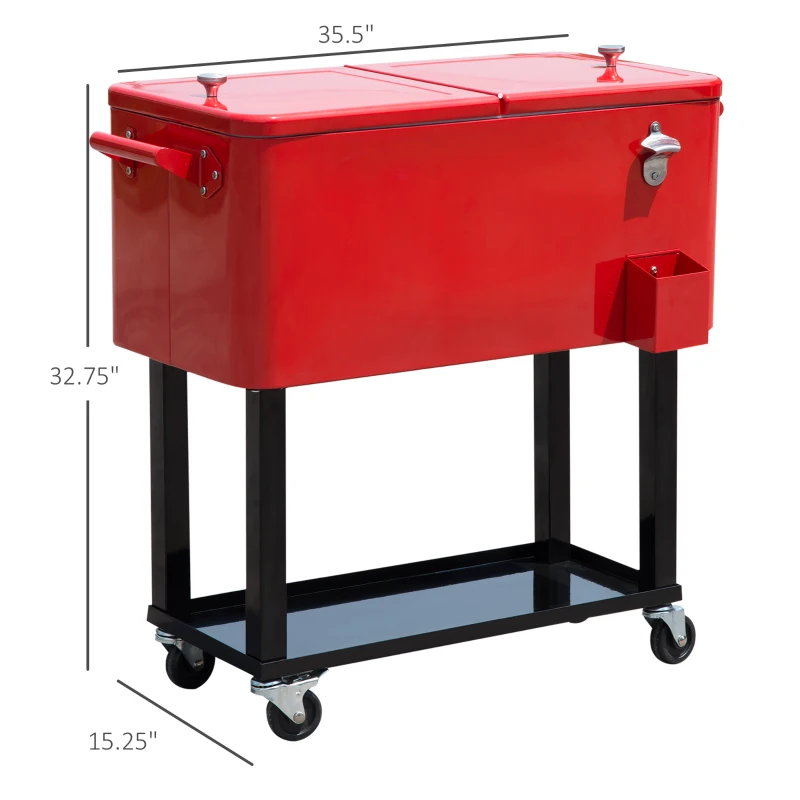 Outdoor Rolling Cooler Cart, 80 Quart Portable Patio Party Ice Chest with Wheels, Steel Construction, Red