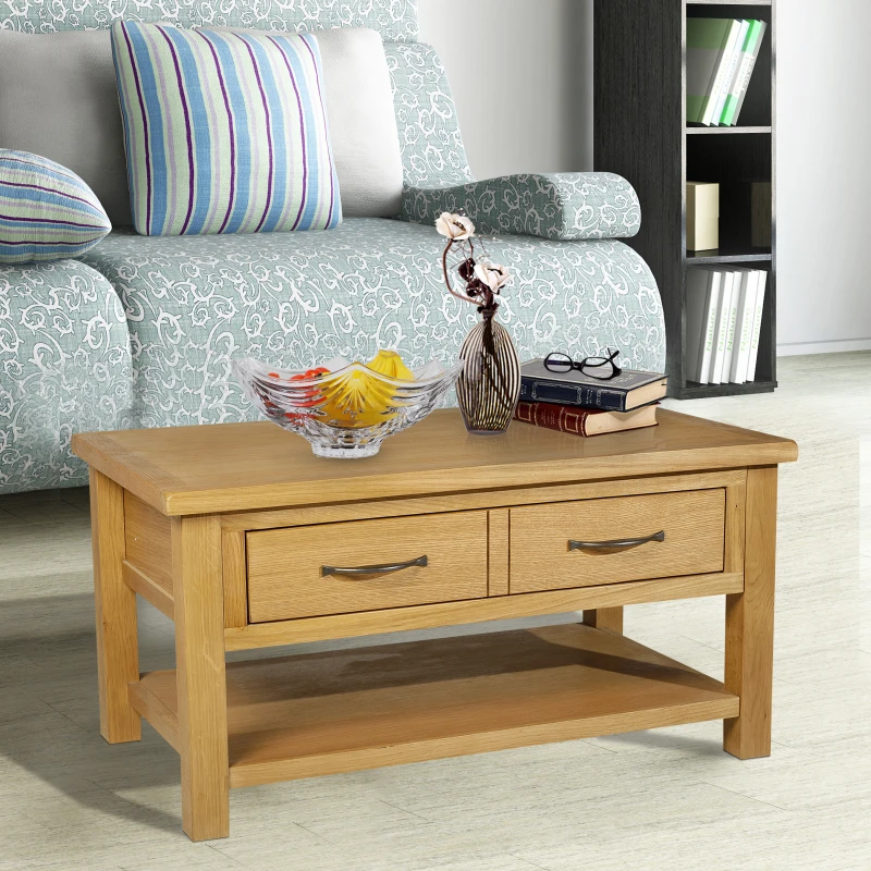 HomCom Solid Oak Frame Rectangle Coffee Table with Drawer and Lower Storage Shelf