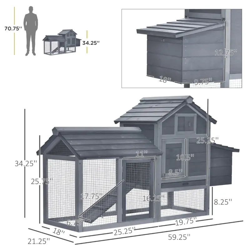 PawHut 59" Solid Wood Enclosed Outdoor Backyard Chicken Coop Kit with Nesting Box - Grey