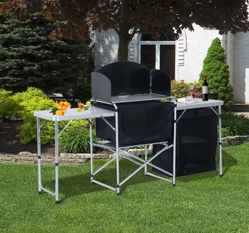 Outsunny 6' Aluminum Portable Fold-Up Camping Kitchen with Windscreen and 3 Enclosed Cupboards
