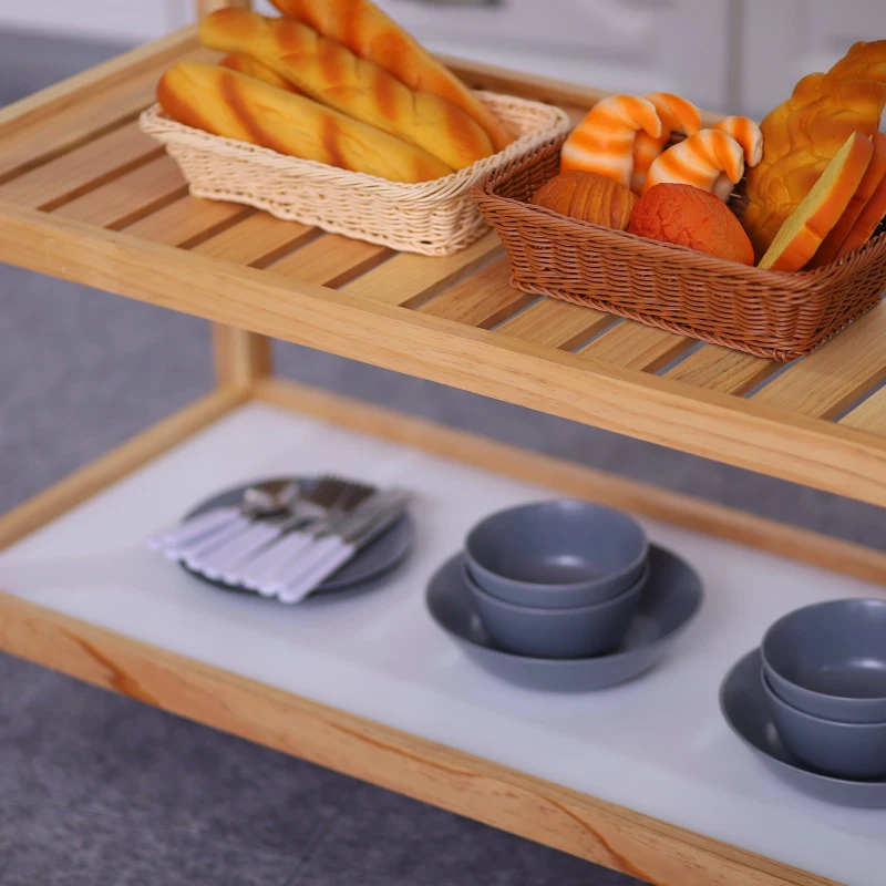 HomCom Kitchen Rolling Island Cart Trolley Cart Storage Rack Shelves w/ 2 Drawers - Pine Wood