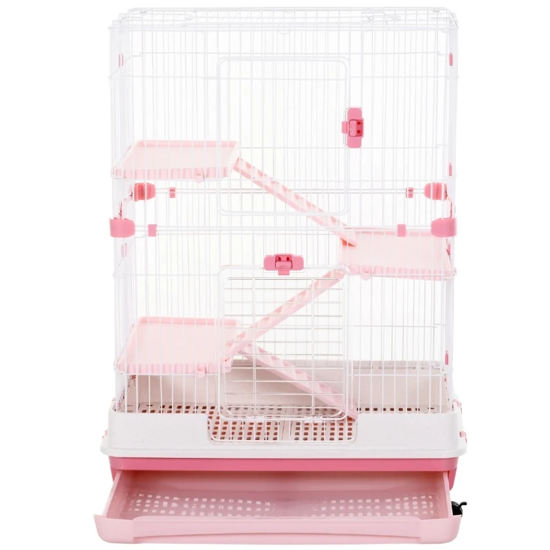 PawHut 4-level Indoor Guinea Pig Hutch Rabbit Enclosure Small Animal Hutch - Pink