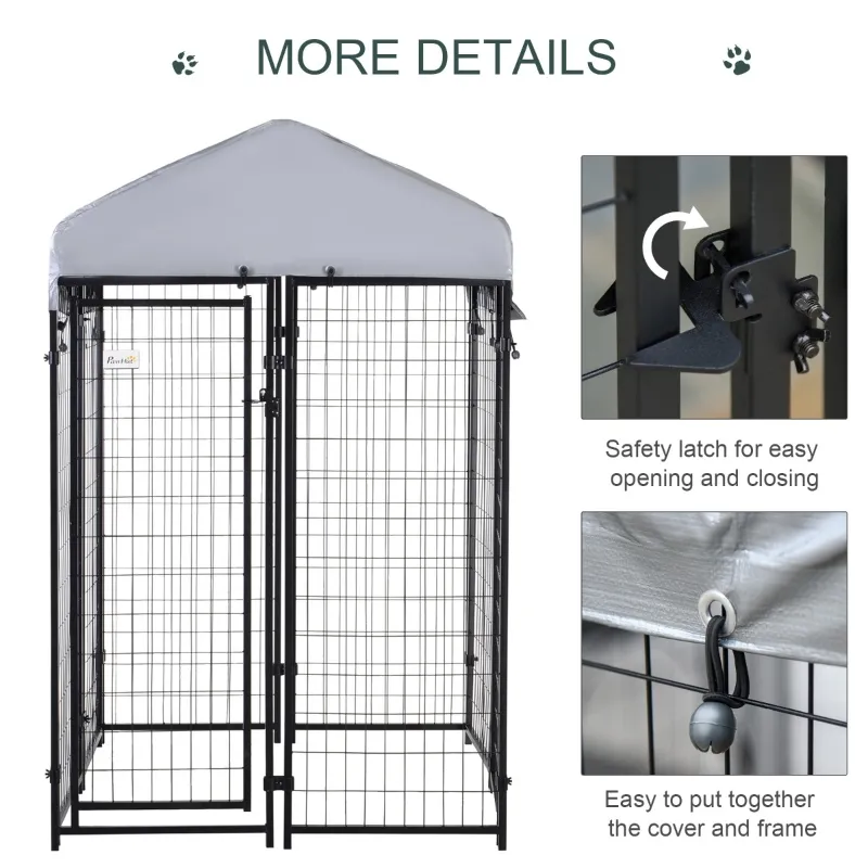 PawHut Outdoor Dog Kennel Run House Crate Cage Enclosure Anti-Sun Roof Patio Pet Shelter - Gray and Black
