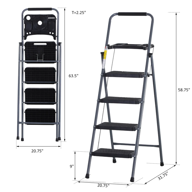 HOMCOM Folding 4 Step Ladder with Tool Tray and Wide Anti-Slip Platform 300 lbs. Capacity