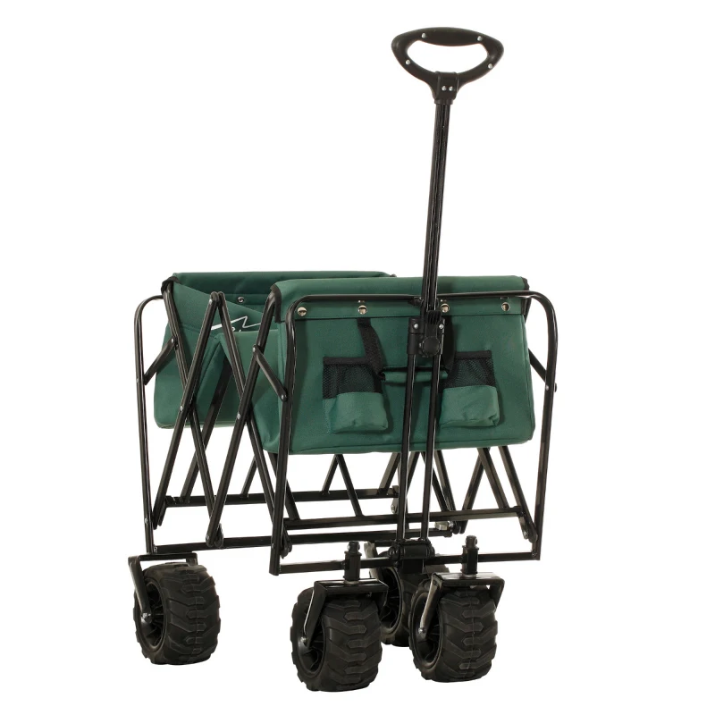 Aosom Utility Folding Wagon Big Wheels Collapsible Outdoor Garden Cart with Steel Structure for Shopping, Fishing, Camping, Beach - Green