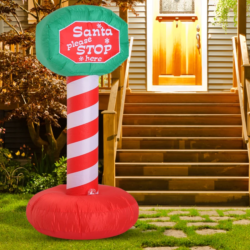 HOMCOM 6’ Outdoor Lighted Inflatable Christmas Road Sign - Santa Please Stop Here