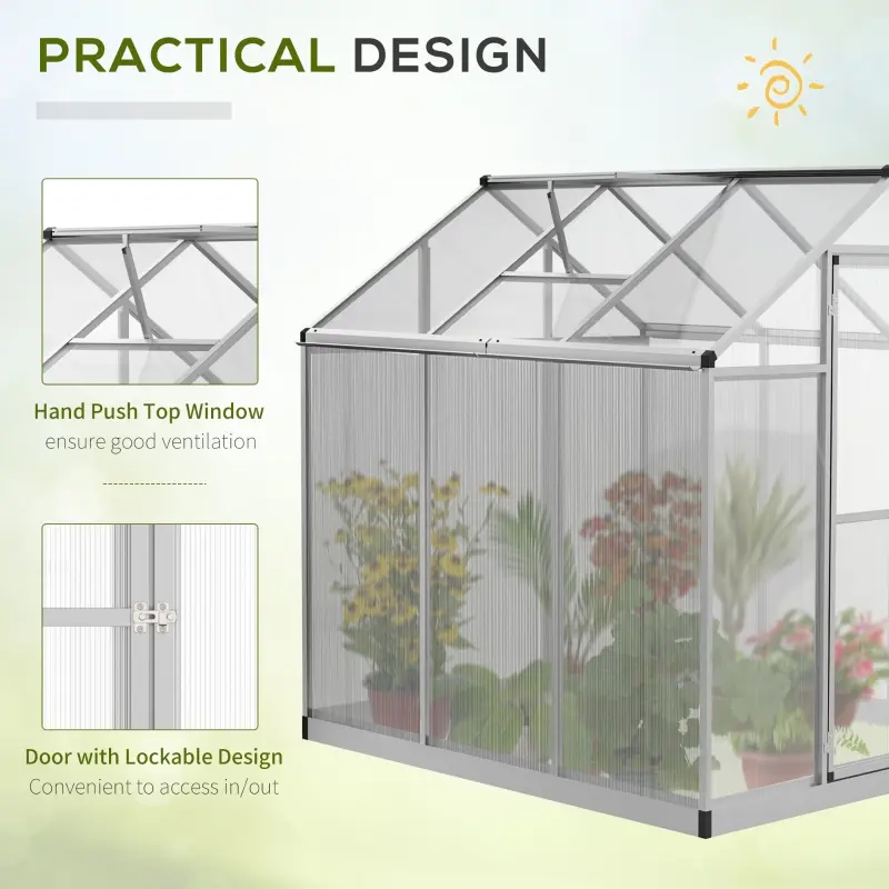 Outsunny Greenhouse Portable Outdoor Walk-In Greenhouse with Roof Vent and Rain Gutter for Plants, Herbs and Vegetables - 6' L x 6' W x 6.4' H