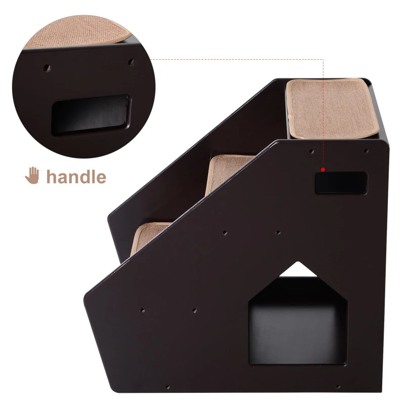 PawHut 3-Step Pet Stairs for Dogs and Cats with Built-in House and Nonslip Carpet, Brown