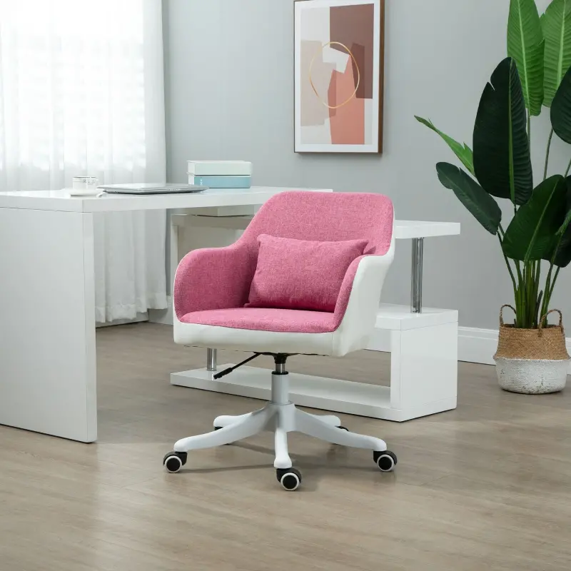 Vinsetto Office Chair, Lumbar Massage Desk Chair with Barrel Chair Armrests, USB Powered Massage, Mid-Back, 360 Swivel, Throw Pillow, Adjustable Height, Pink