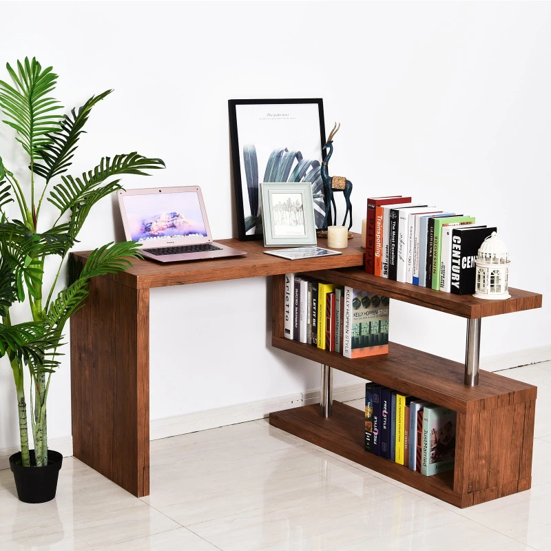 HOMCOM 75" 360 Degree Rotating Corner Computer Desk Modern L-Shaped Home Office Workstation with 2 Storage Shelves, Bookshelf, Walnut Brown
