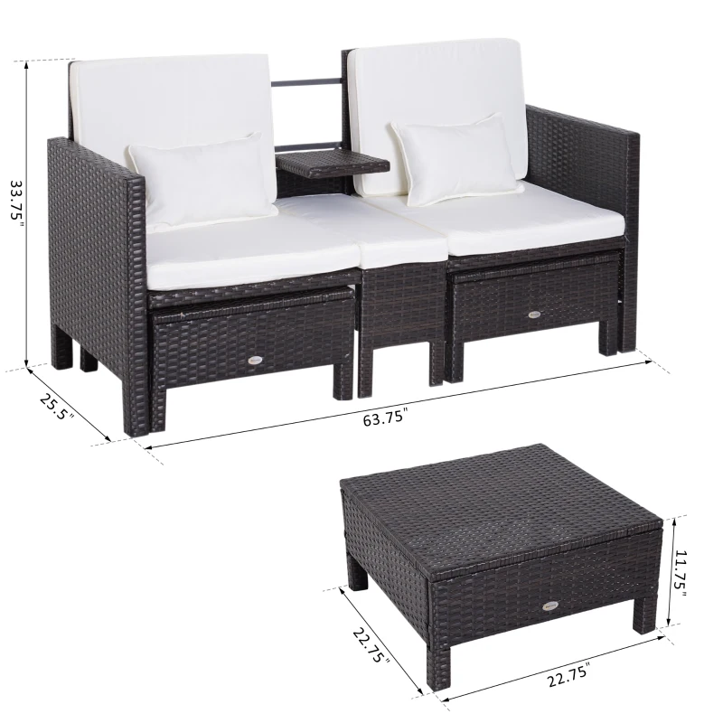 Outsunny 3 Piece Loveseat and Nested Ottoman Outdoor Furniture Set with Adjustable Armrest