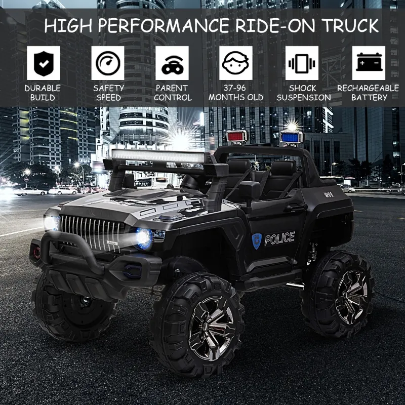 Aosom 12V Ride On Car 2-Seat Police Truck w/ Remote Control & 3 Speeds & LED Light Bar and Audio Input - Black