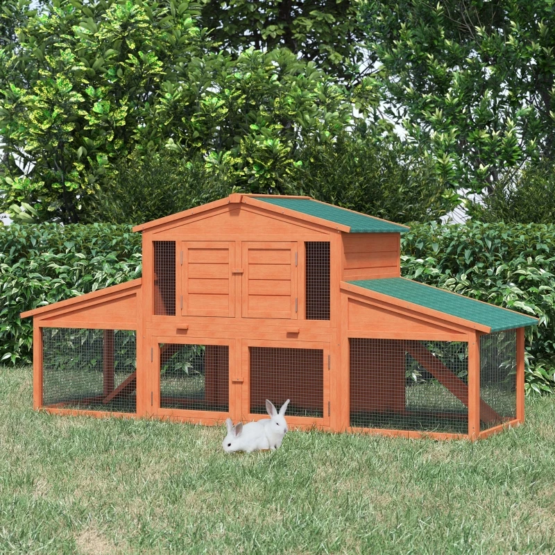 PawHut Rabbit Hutch Wooden House Small Animal Cage Deluxe Backyard Run Ramp