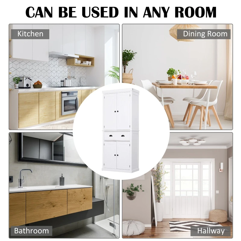 HOMCOM 72" H Traditional Colonial Freestanding Wood Kitchen Pantry with 1 Center Drawer and 2 Cabinets - White