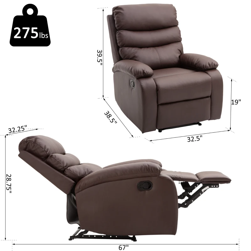 HomCom PU Leather Traditional Manual Recliner Chair - Brown