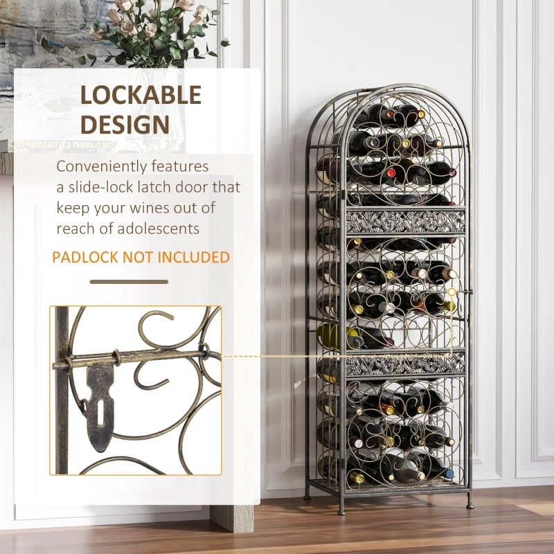 HOMCOM 45 Bottle Wrought Iron Lockable Industrial Free Standing Wine Rack Jail, Antique Bronze