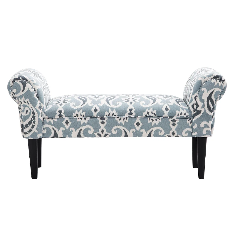 HomCom Chic Linen Upholstered Vanity Accent Ottoman Bench with Armrests - Blue Grey Paisley