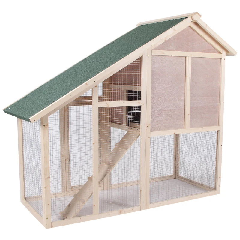 PawHut 55" Wood Double Rabbit Hutch Backyard Cage Small Animal House with Ramp and Outdoor Run