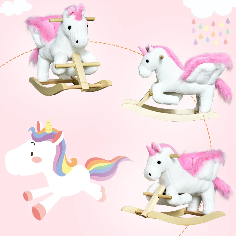 Qaba 22" Kids Wooden Plush Ride-On Unicorn Rocking Horse Toy Rocker with Sing Along Songs Realistic Sounds and Safety Seatbelt