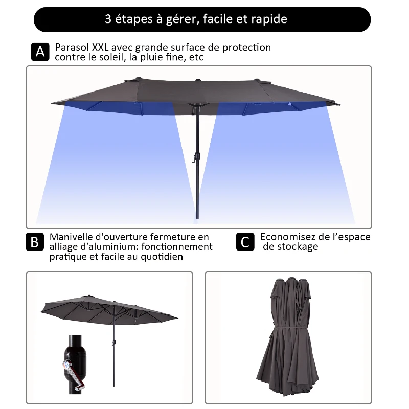 Outsunny 15' Double-Sided Patio Umbrella, Outdoor Market Umbrella with Steel Pole, UV Protection, Grey