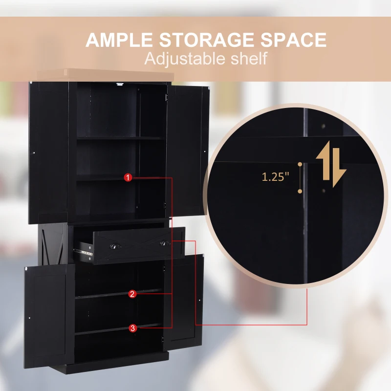 HOMCOM 5ft Tall Wood Kitchen Storage Cabinet with Adjustable Shelves, 2 Wood Pantries, Drawer and Sturdy Design - Black
