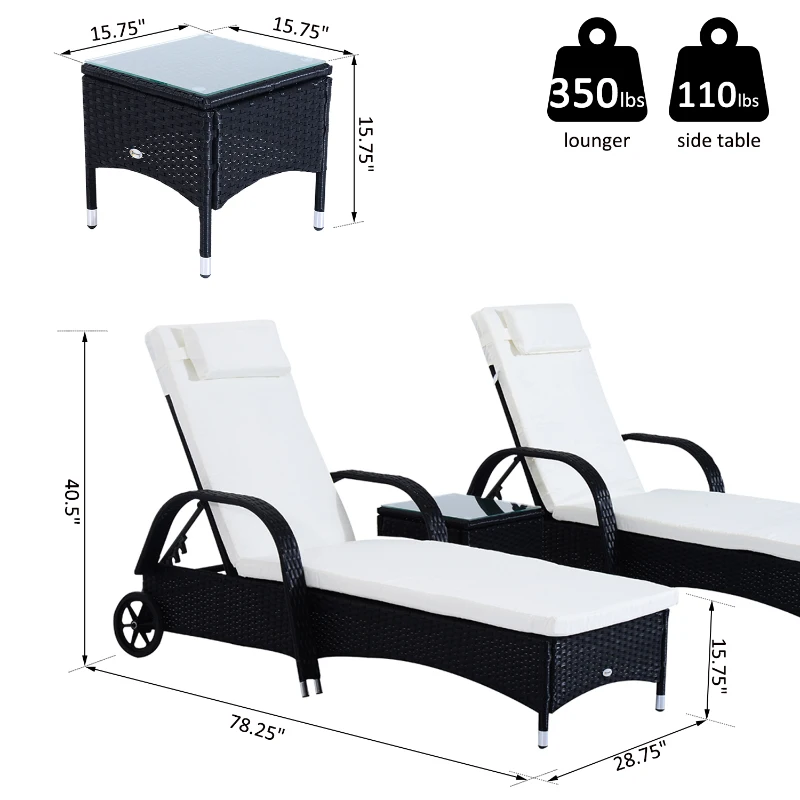 Outsunny 3PC Wheeled Patio Rattan Lounge Set Adjustable Reclining Chaise w/ Side Table - Black