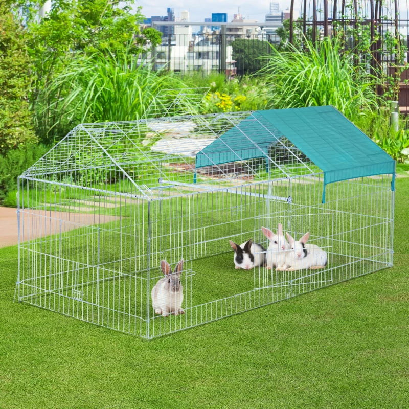 PawHut 86.6" x 40.6" x 40.6" Outdoor Guinea Pig Hutch Small Animal Folding Playpen Rabbit Enclosure w/ Cover - Silver & Green