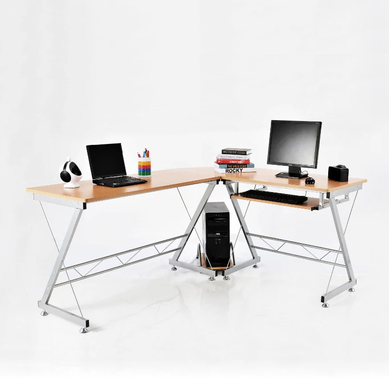 HomCom 67" Wood Corner L-Shaped Computer Desk with Keyboard Tray - Natural Brown
