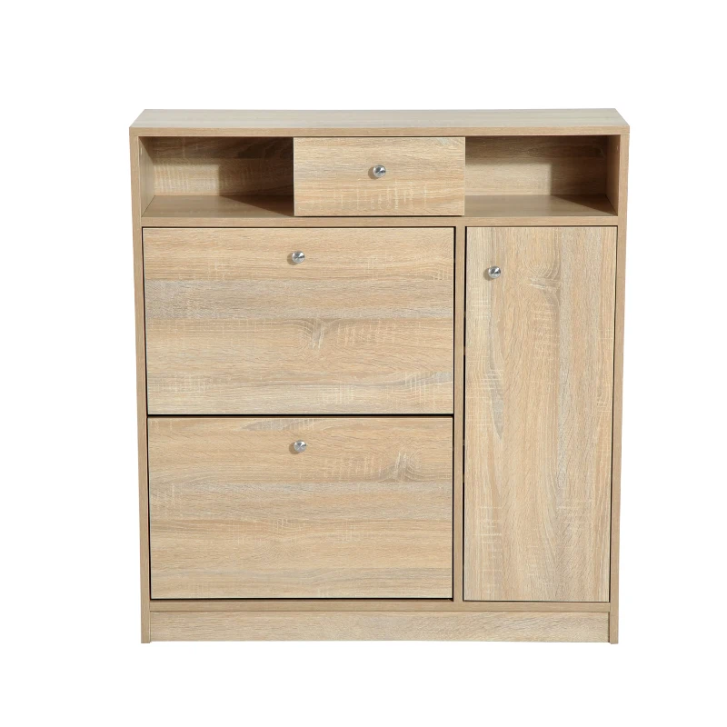 HomCom Wooden Multi Cabinet Flip Down Shoe Shelf Drawer Organizer - White Oak